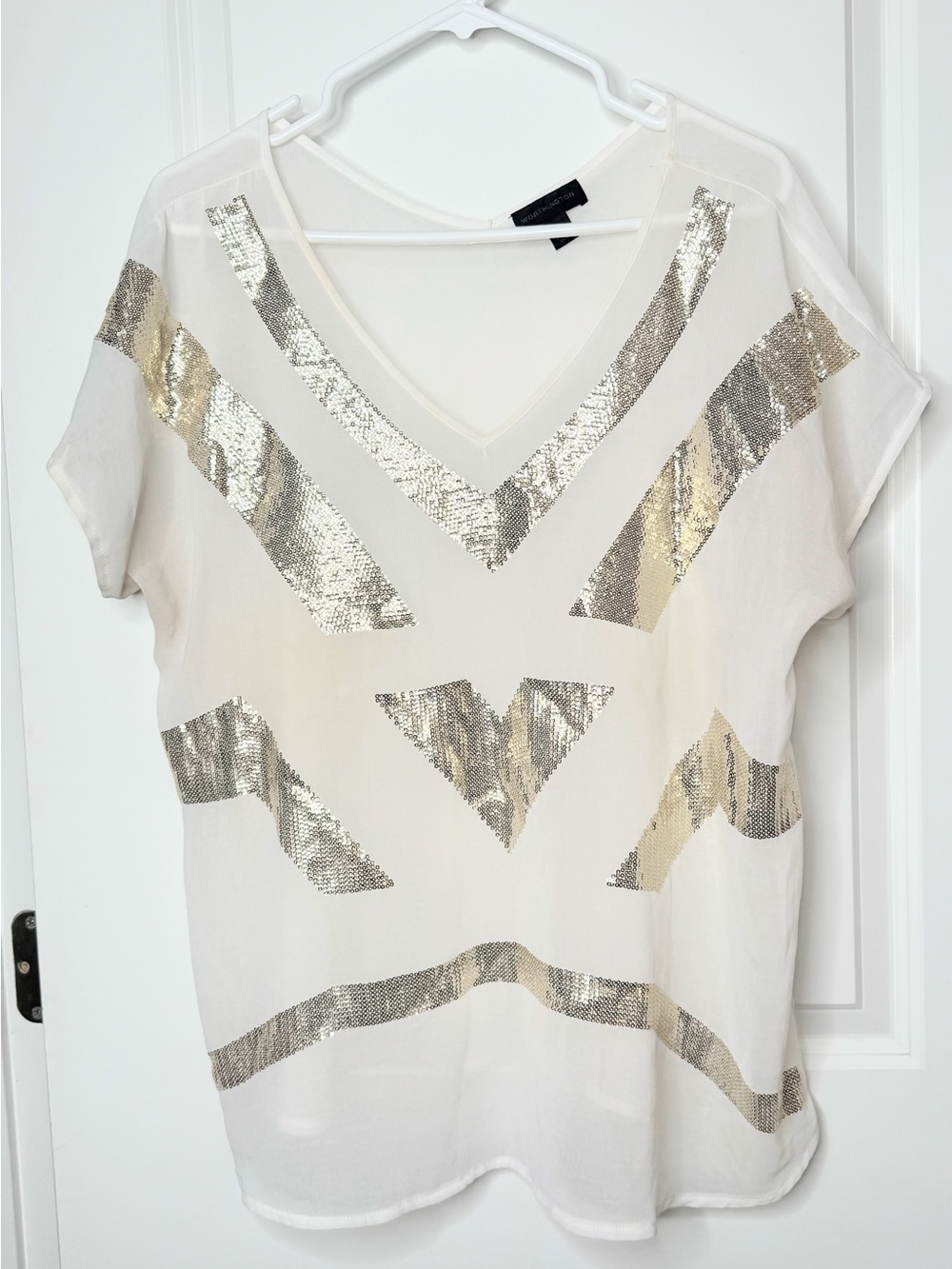 Worthington XL White Silver Sequin Blouse V Neck Sheer Party Holiday Top